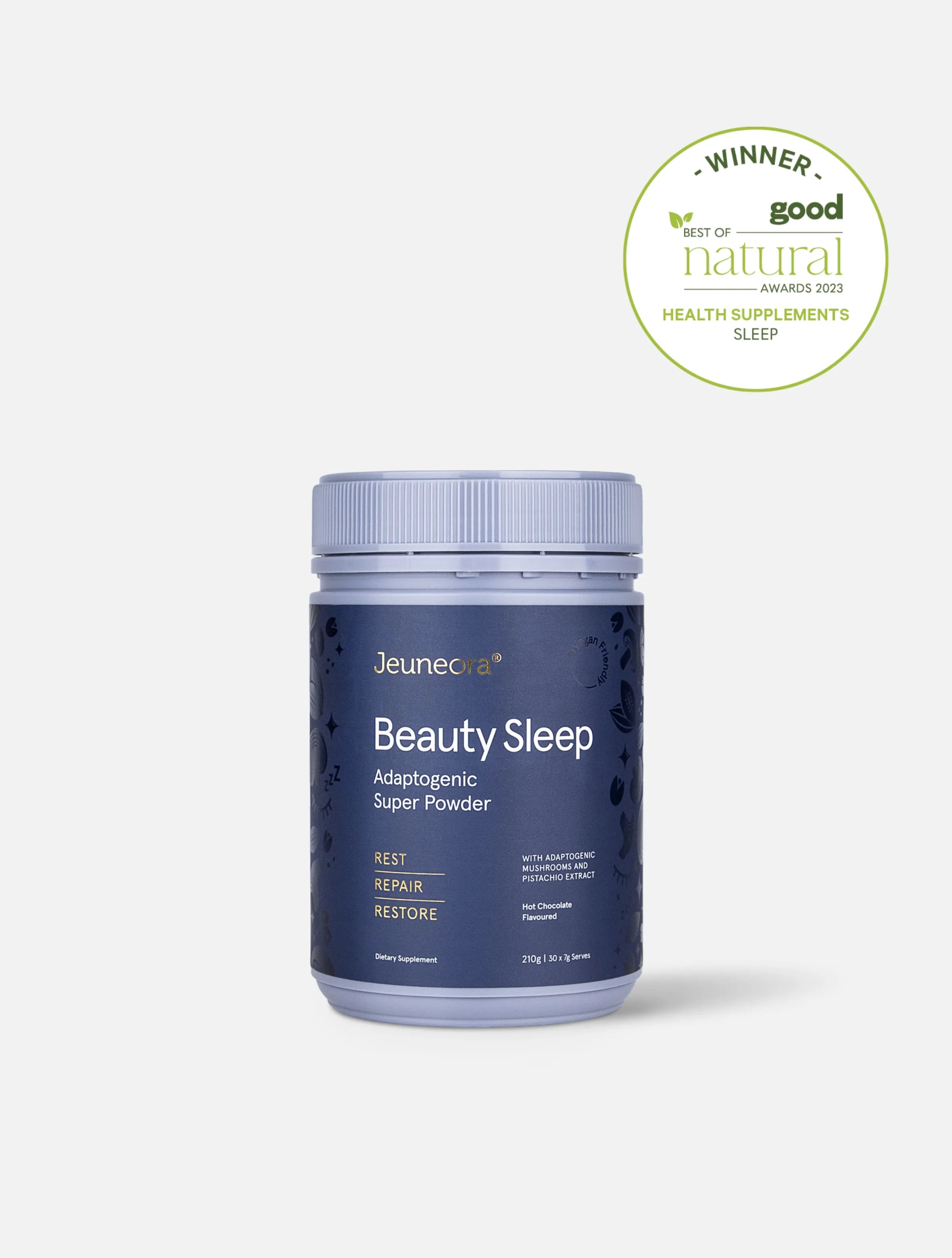 A container of Jeuneora Beauty Sleep supplement with a Good Awards badge on it