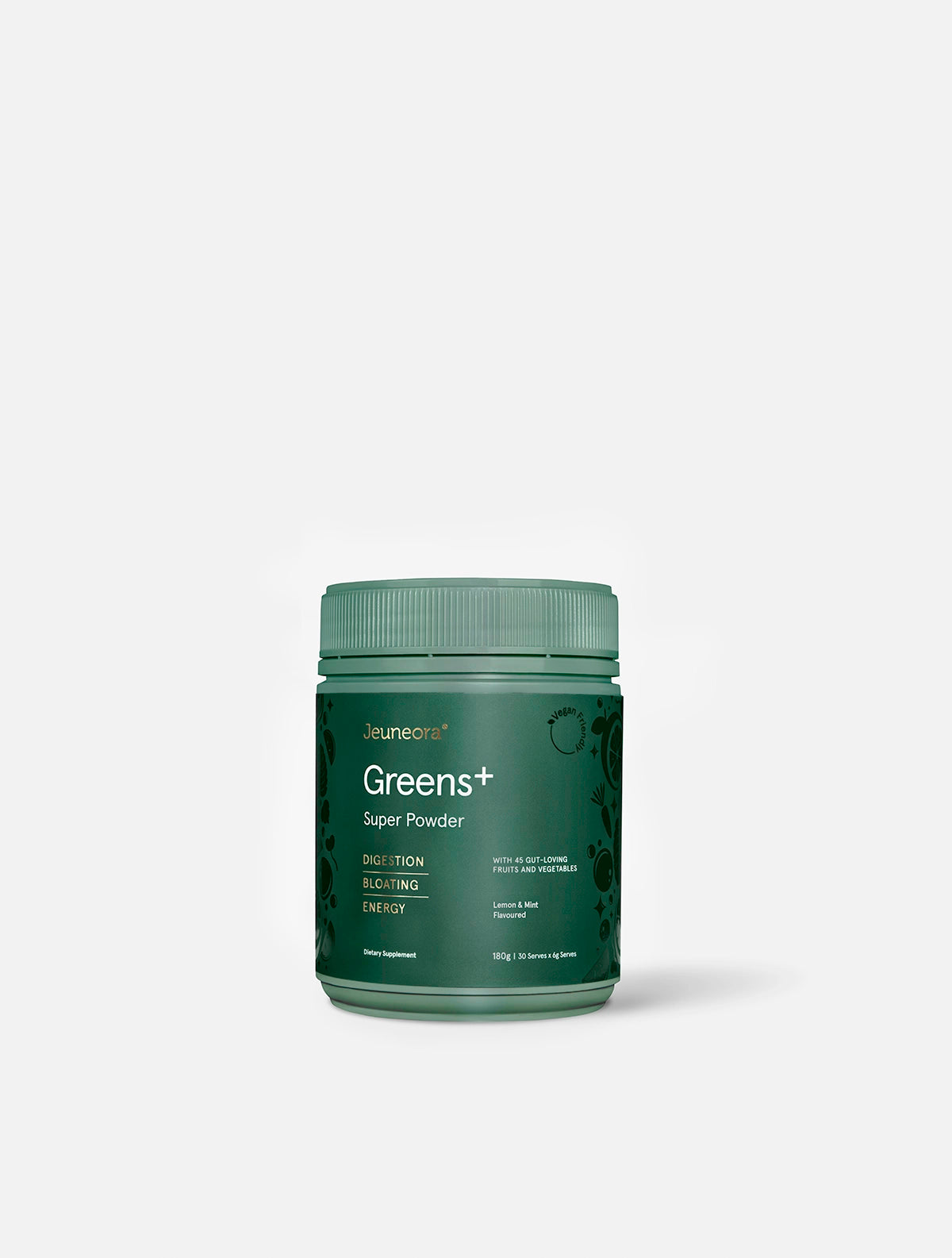 A container of Jeuneora Greens+ Super Powder