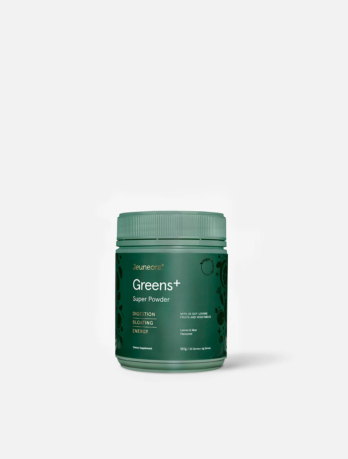 A container of Jeuneora Greens+ Super Powder on a white background