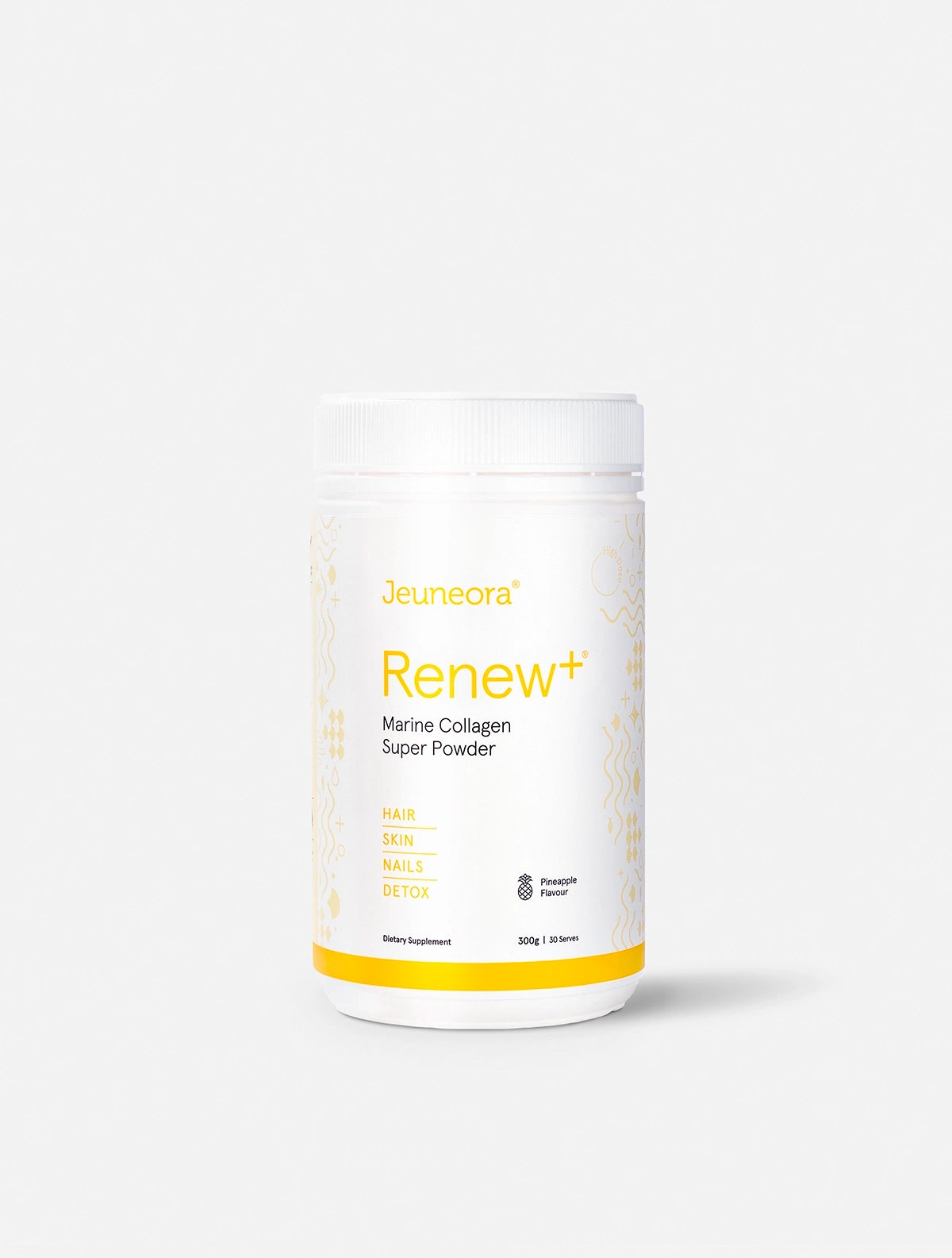 A container of Jeuneora Renew+ Marine Collagen Super Powder - Pineapple flavour on a white background.