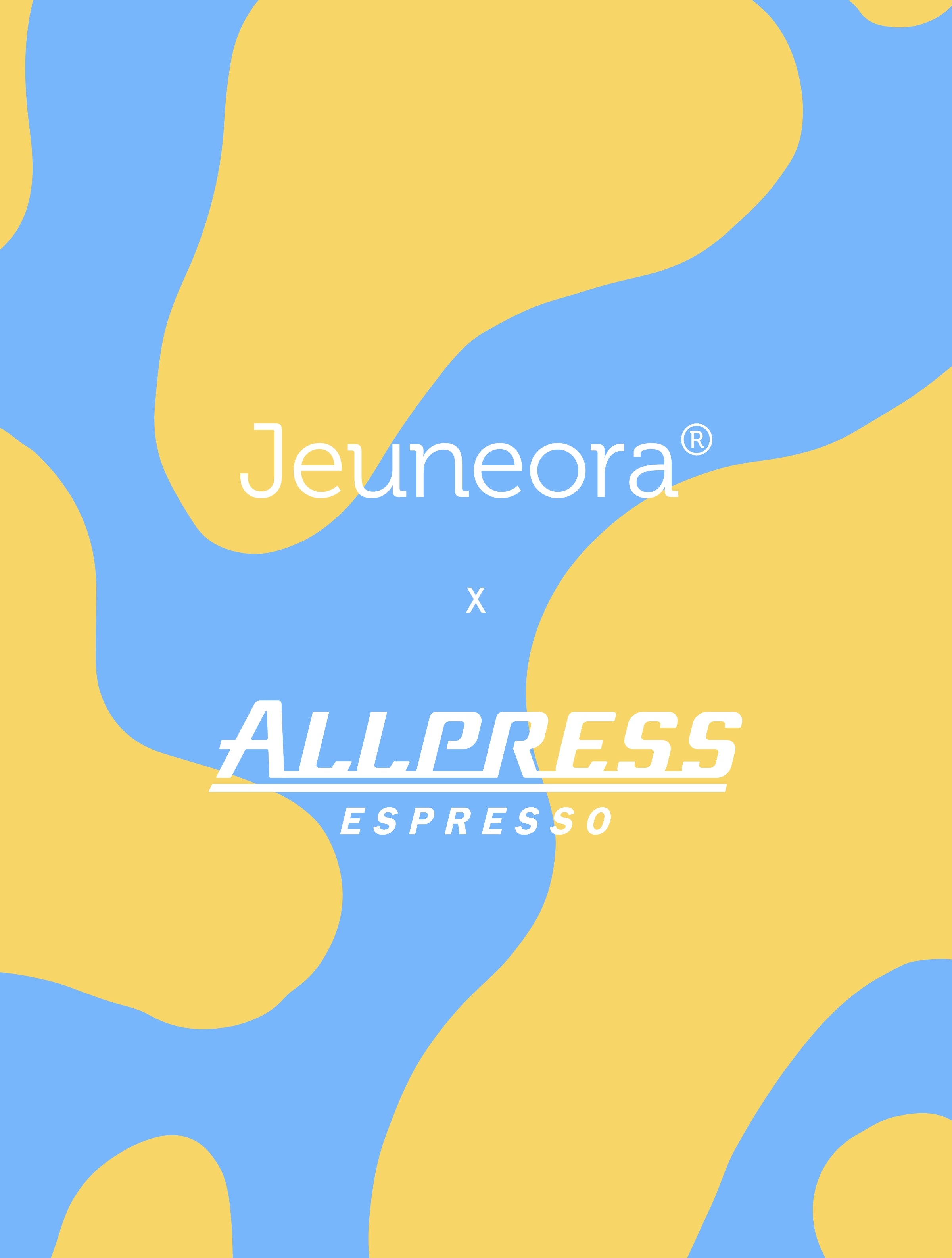 Jeuneora and Allpress christmas gift set collab card with yellow and blue background