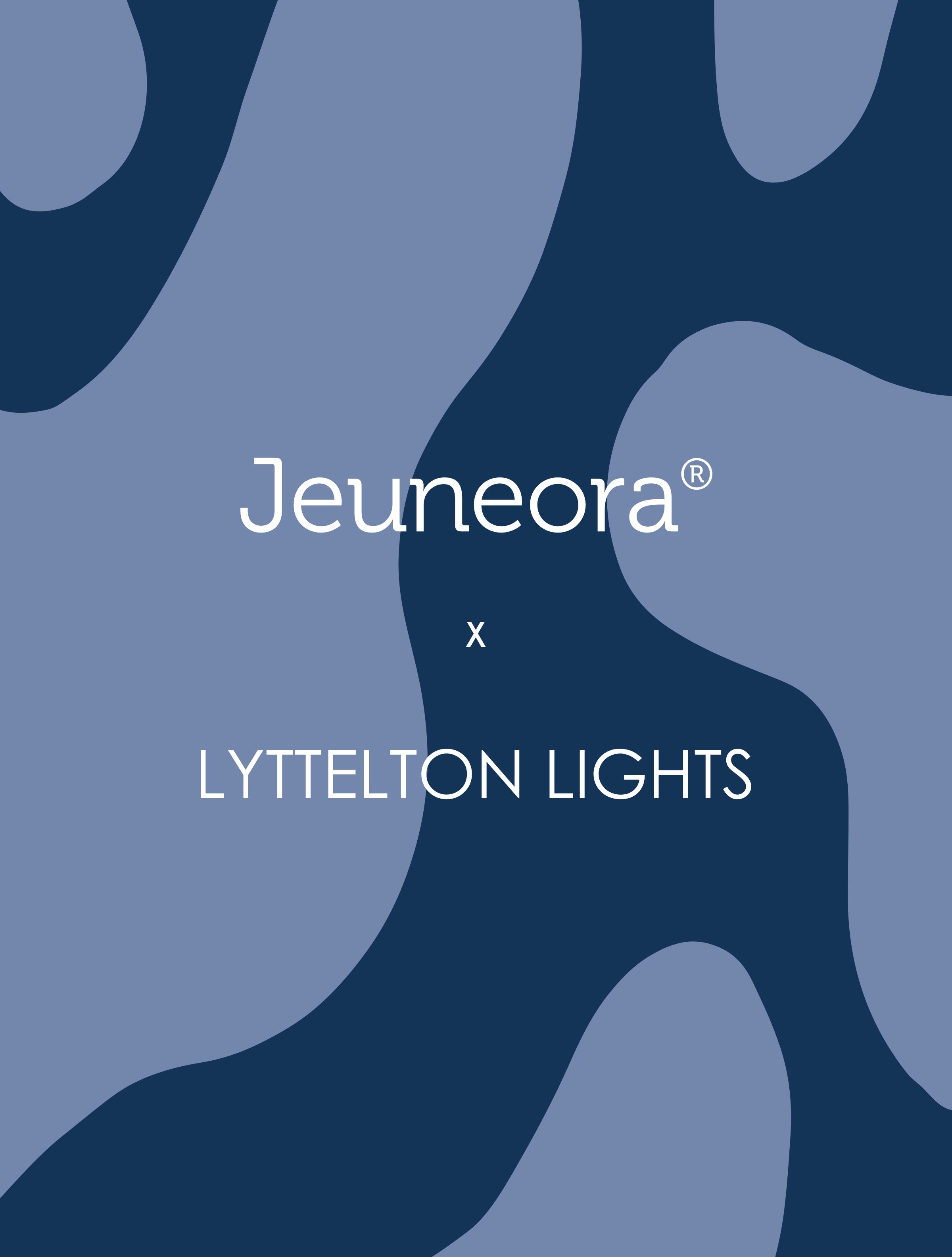 Jeuneora and Lyttelton Lights christmas collab gift set with blue background pattern