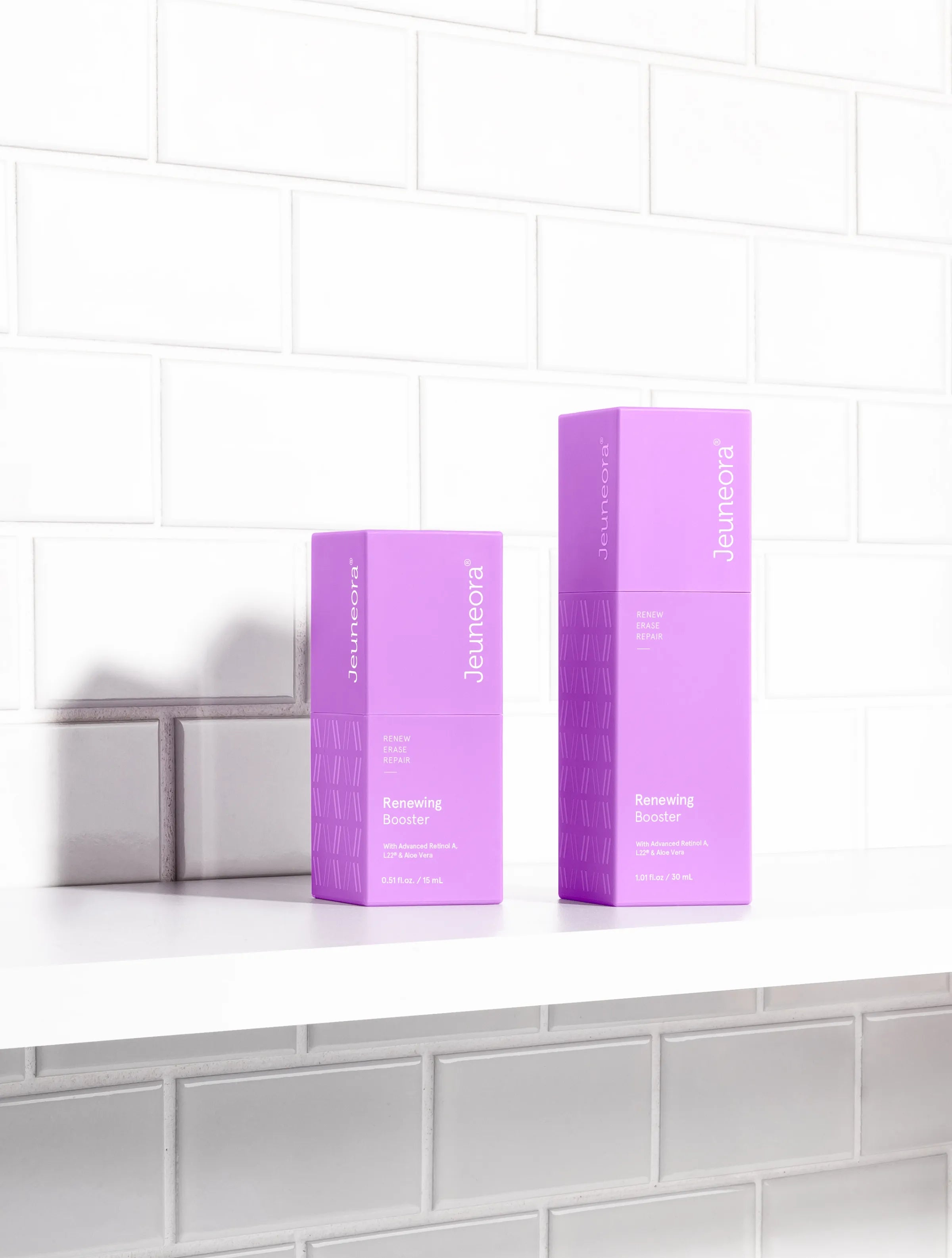 jeuneora purple retinol serums on bathroom shelf