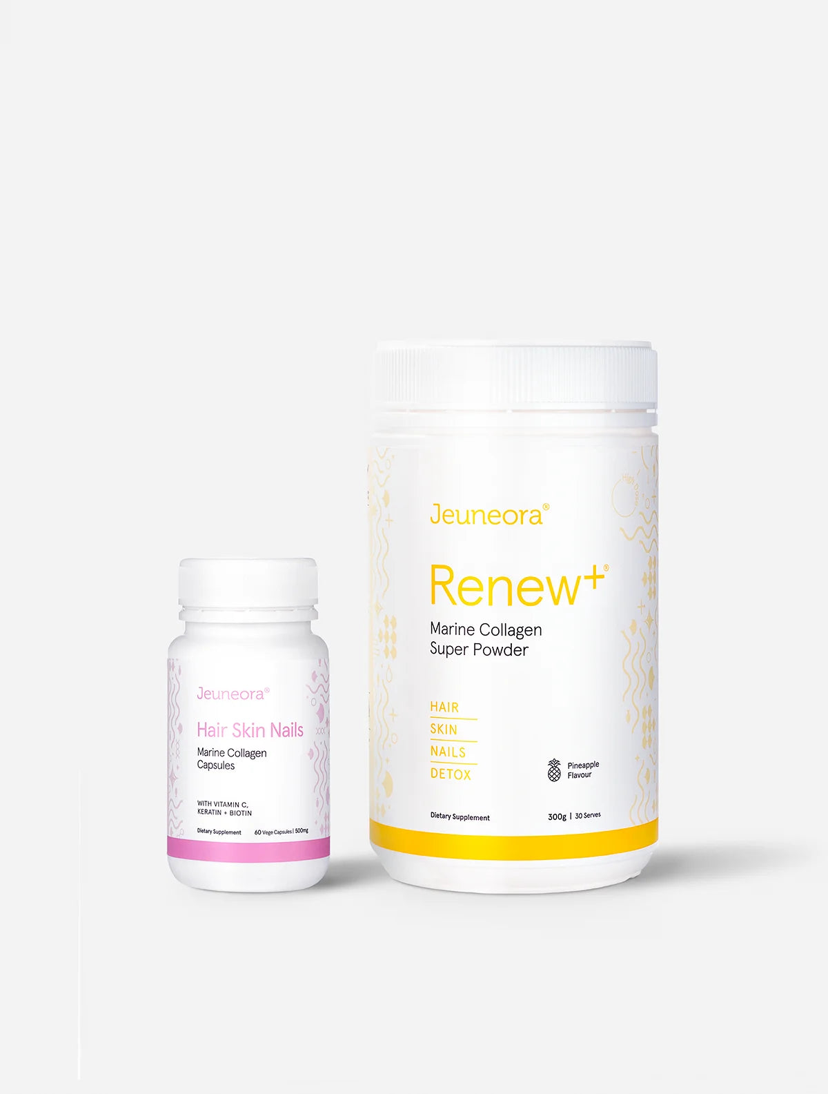 Jeuneora® Renew+ Marine Collagen Super Powder and Hair Skin Nails Marine Collagen Capsules Pineapple