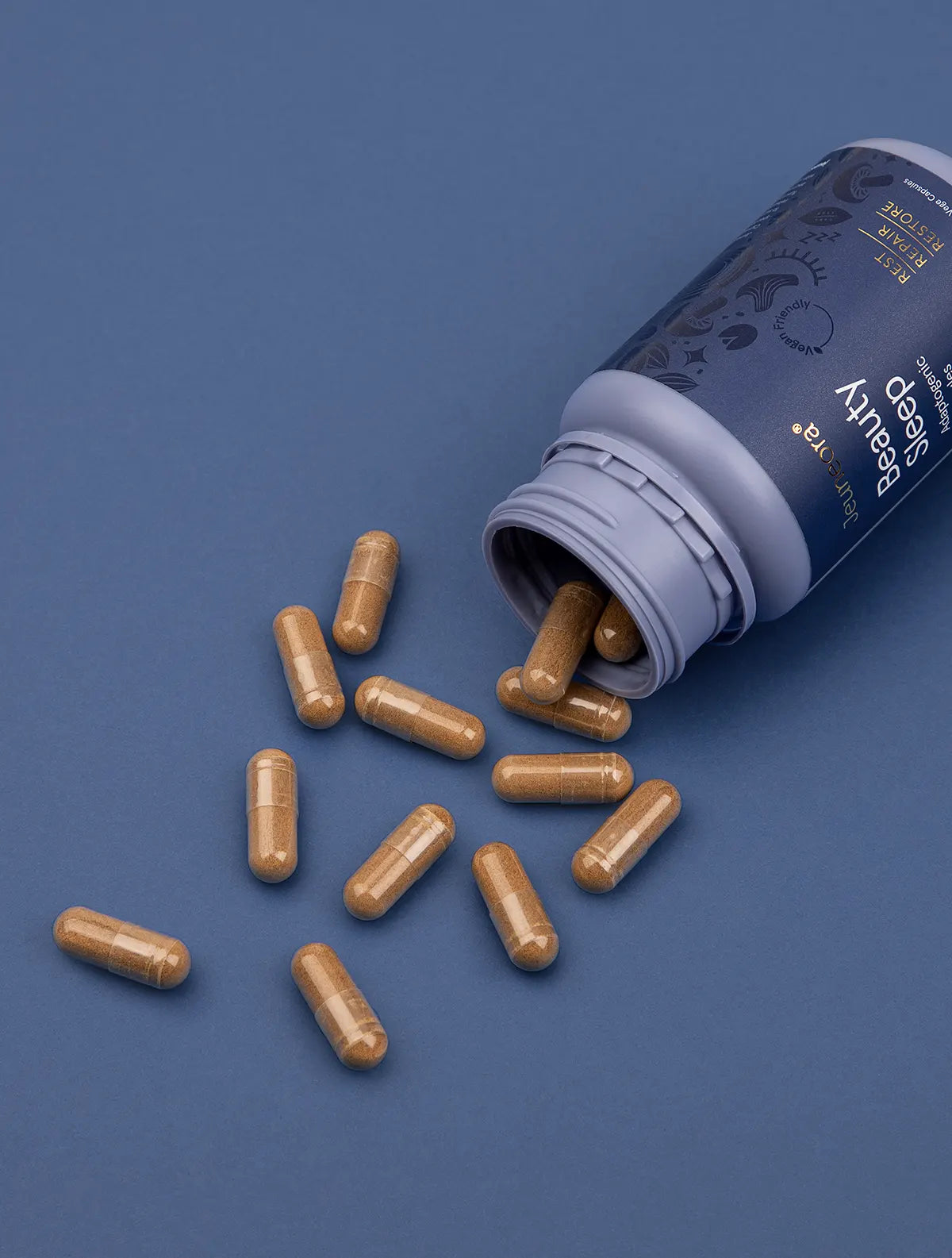 Jeuneora-Beauty-Sleep-Capsules layout on blue background